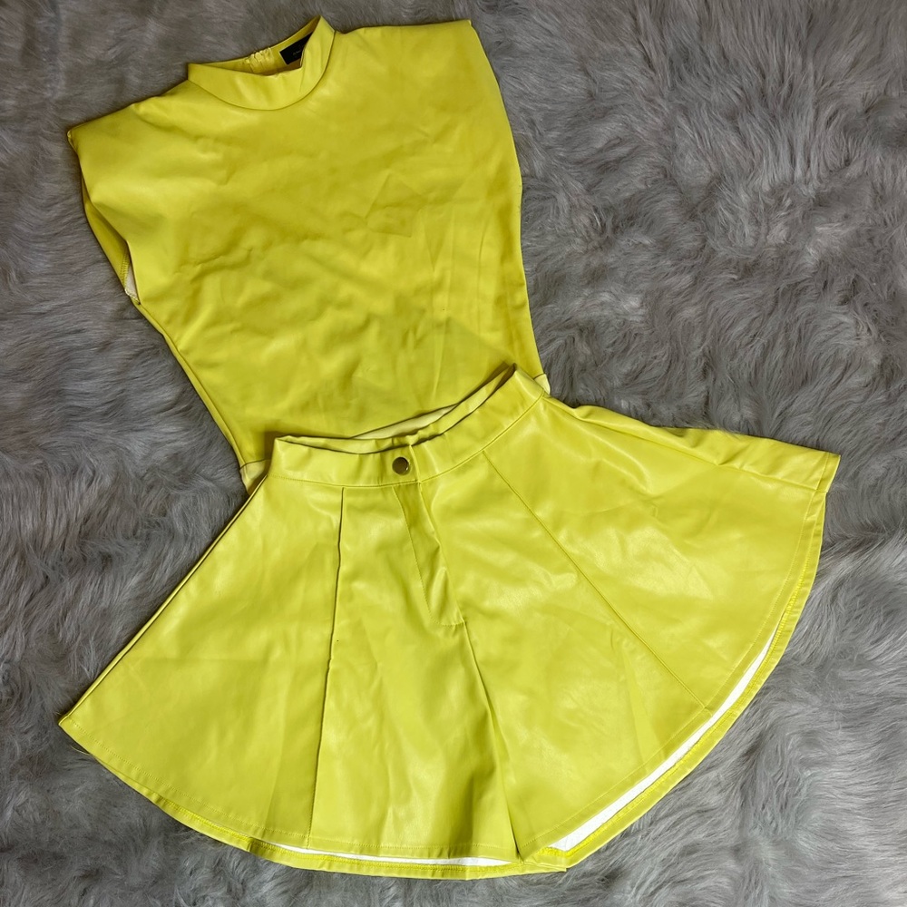 Two piece flare faux leather short set